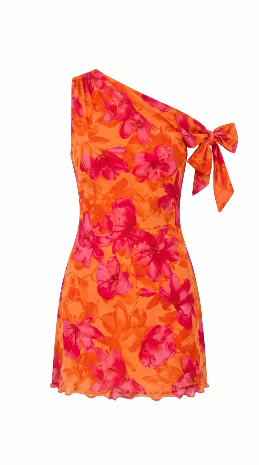 Vestido mini estiloso com estampa floral, design ombro a ombro, alças sem mangas e caimento fluido. 