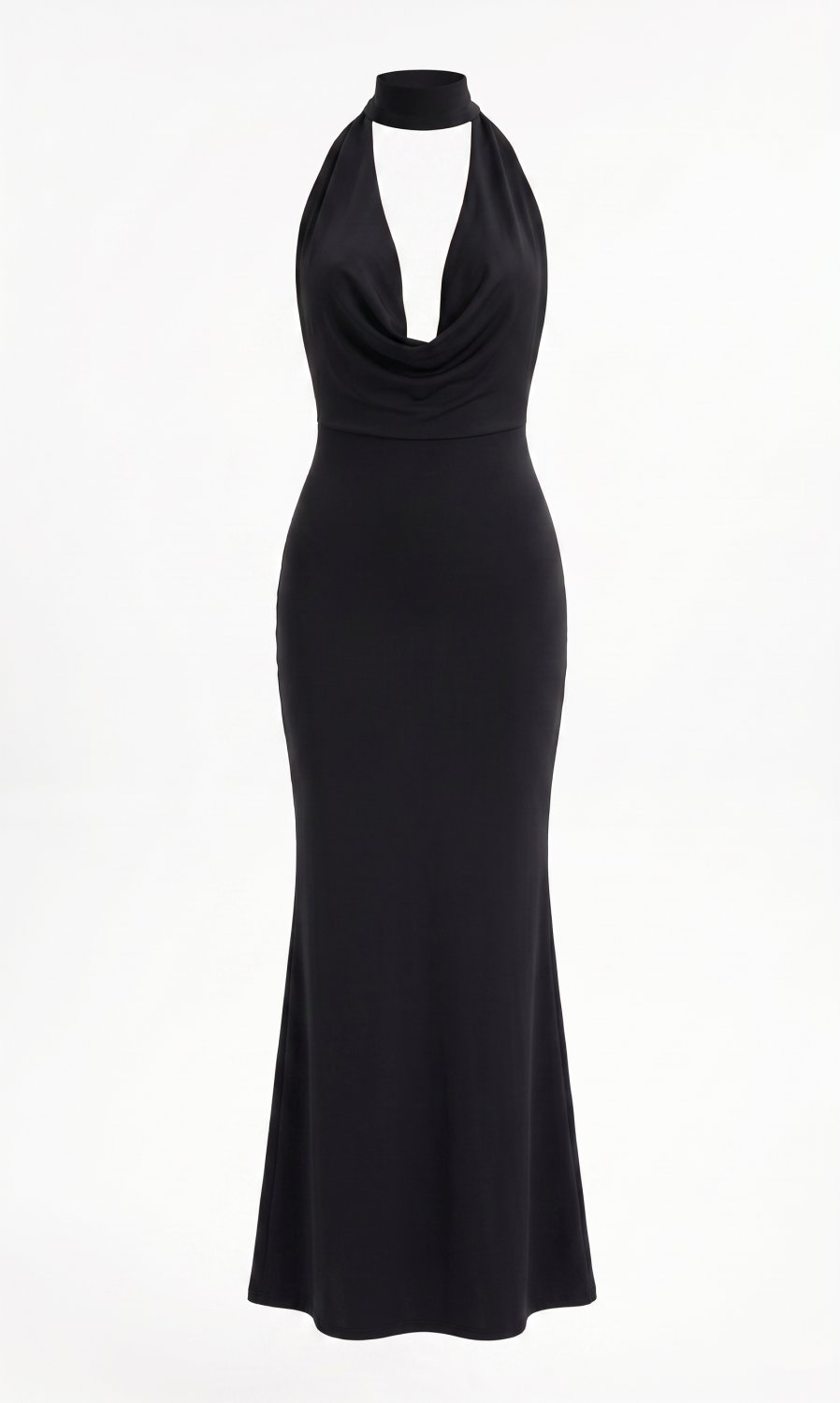 Vestido maxi bodycon elegante com decote em V halter, design sem costas, detalhes em botões e fenda 