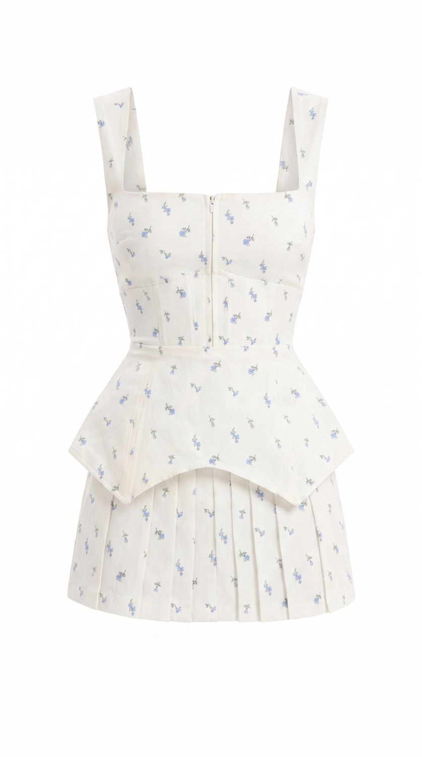 Stylish summer mini dress featuring a sleeveless design, square neckline, vibrant print, and a flatt