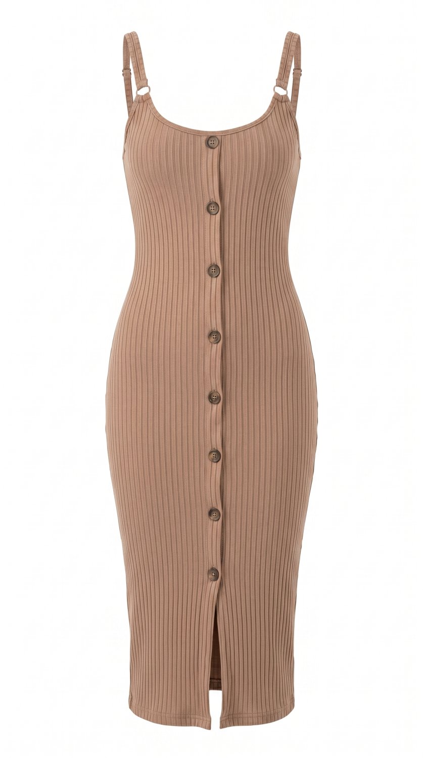 Estiloso vestido tank de malha com decote em V favorecedor, detalhe de botões falsos, silhueta bodyc