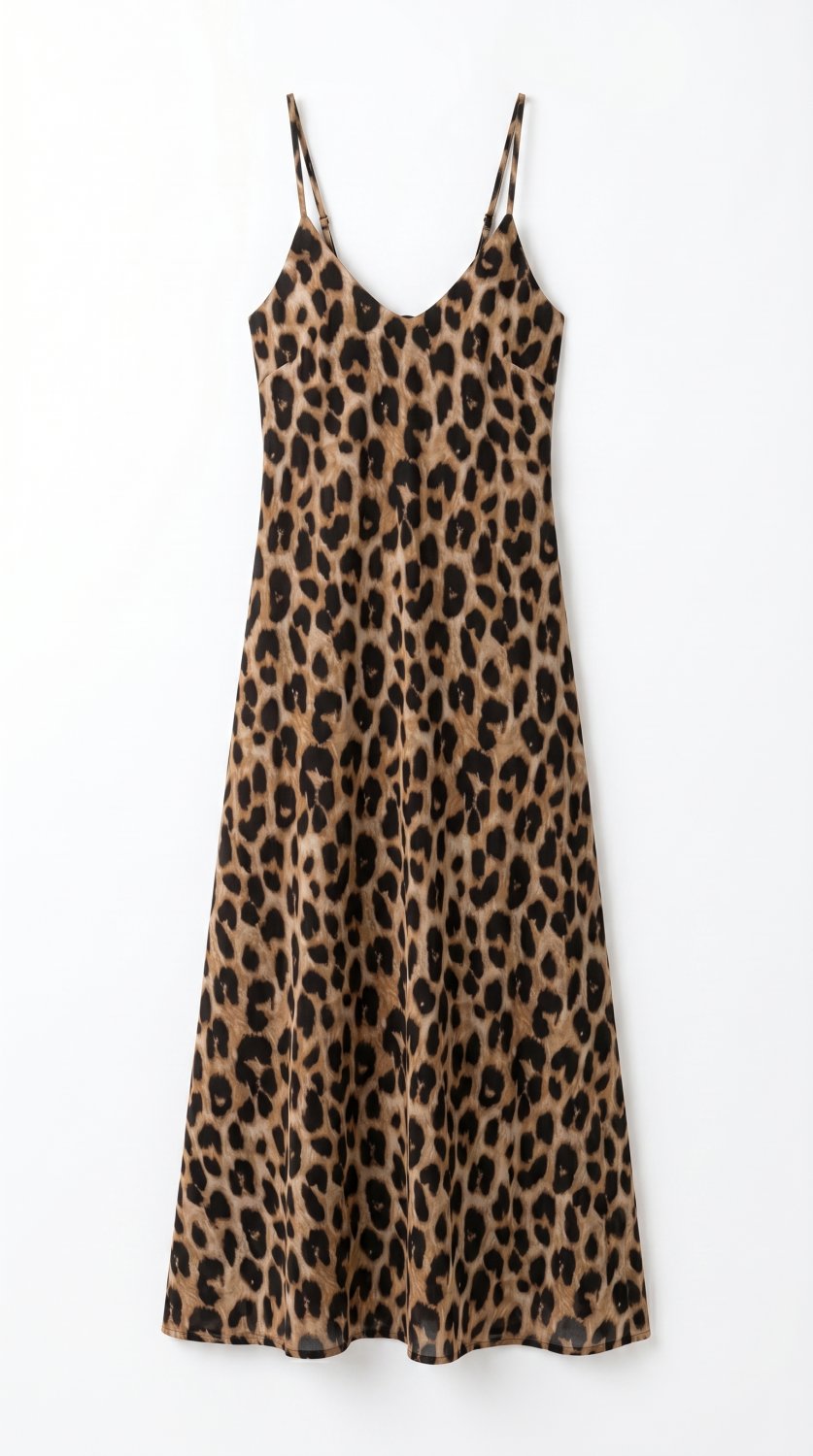 Vestido de verano de moda con estampado de leopardo de tendencia, tirantes finos, diseño sin espalda