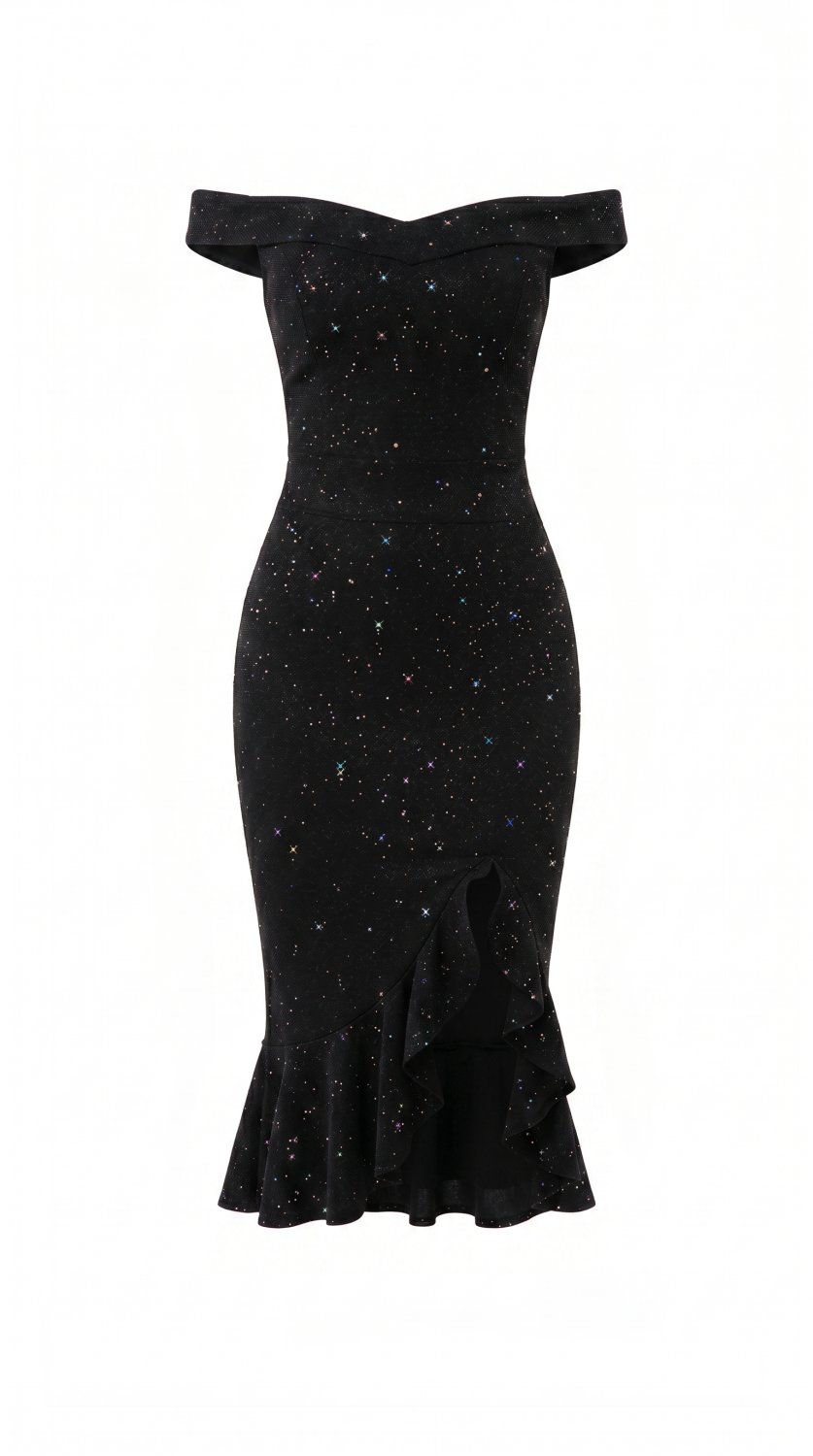 Glamouröses Partykleid mit Off-Shoulder-Ausschnitt, funkelnden Pailletten-Details, eleganten Rüschen