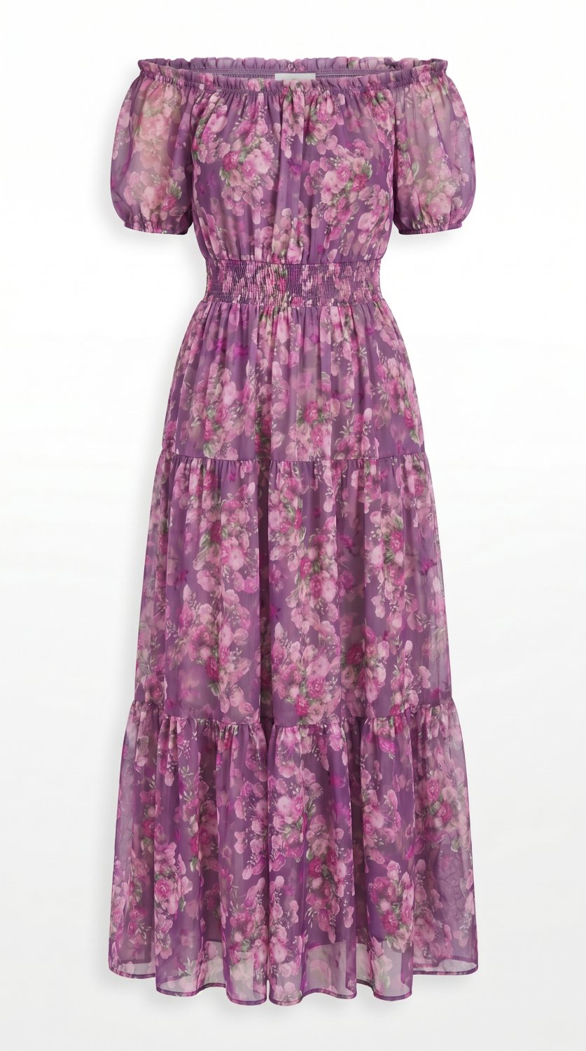 Comfortable and elegant maxi dress featuring a floral print, soft cotton-linen blend, short sleeves,