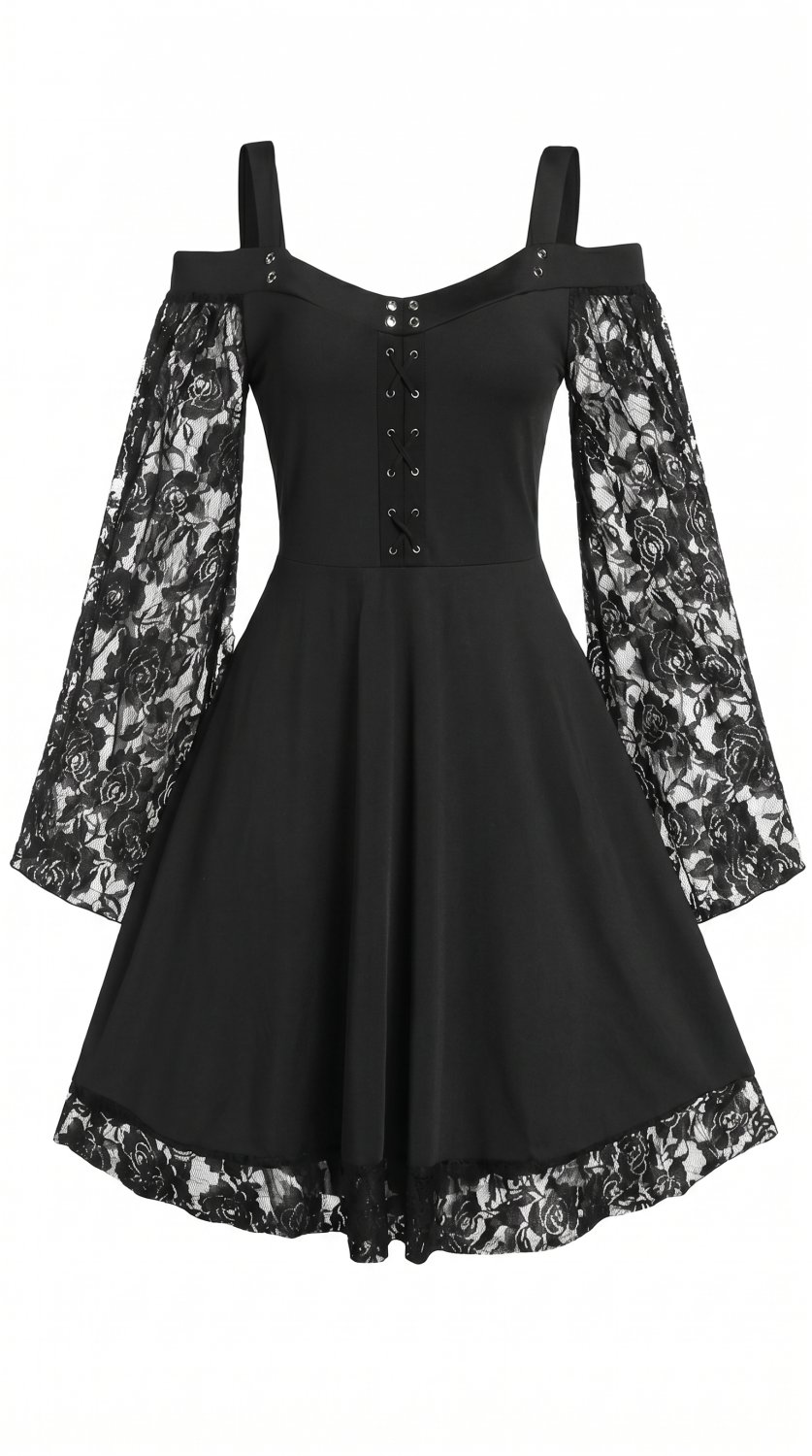 Gotycka sukienka inspirowana stylem vintage z designem na jedno ramię, delikatnym koronkowym szyciem
