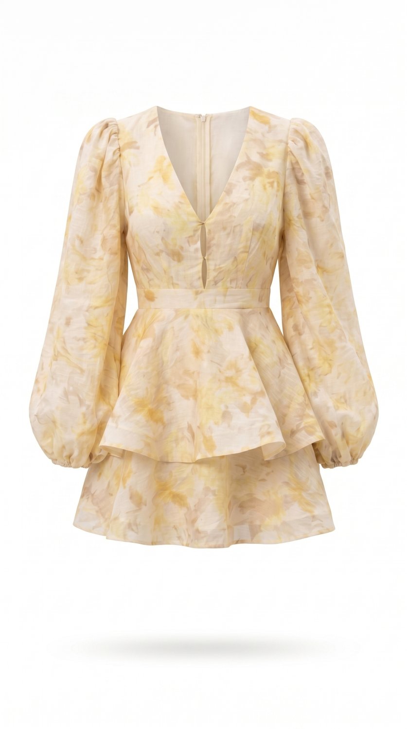 Bezauberndes Mini-Kleid mit Blumenprint, mit schmeichelndem V-Ausschnitt, Ballonärmeln, Schlüsselloc