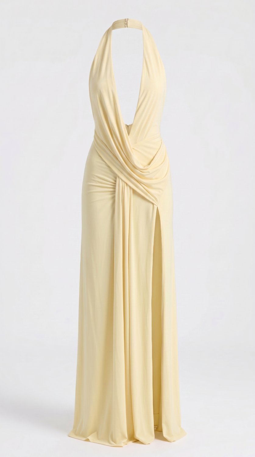Elegant and sexy maxi dress featuring a deep V-neck halter design, open back, sleeveless silhouette,