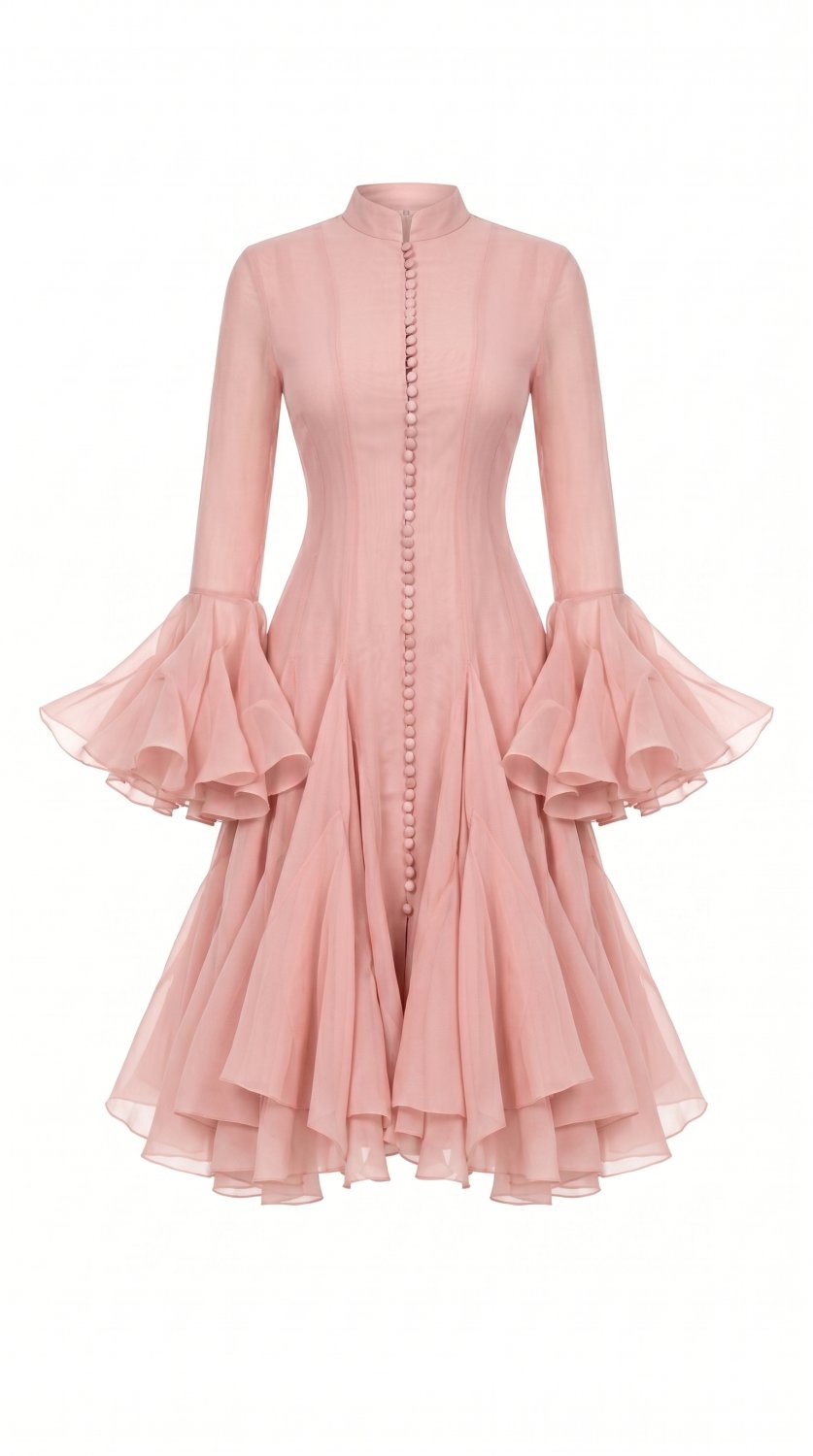 Fashion-forward mini dress featuring an irregular pleated patchwork design, elegant lantern sleeves,