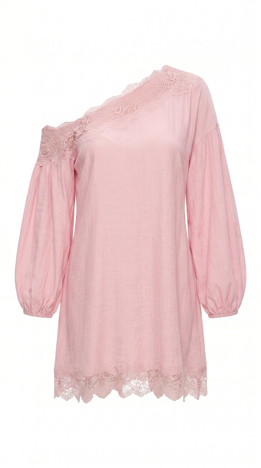 Vestido mini elegante com decote ombro a ombro, delicada guarnição em renda, mangas longas bufantes 