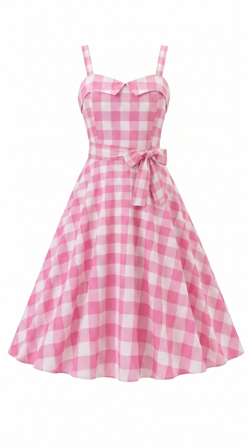 Bezauberndes vintage-inspiriertes Kleid mit Spaghetti-Trägern, einem klassischen rosa Karomuster und