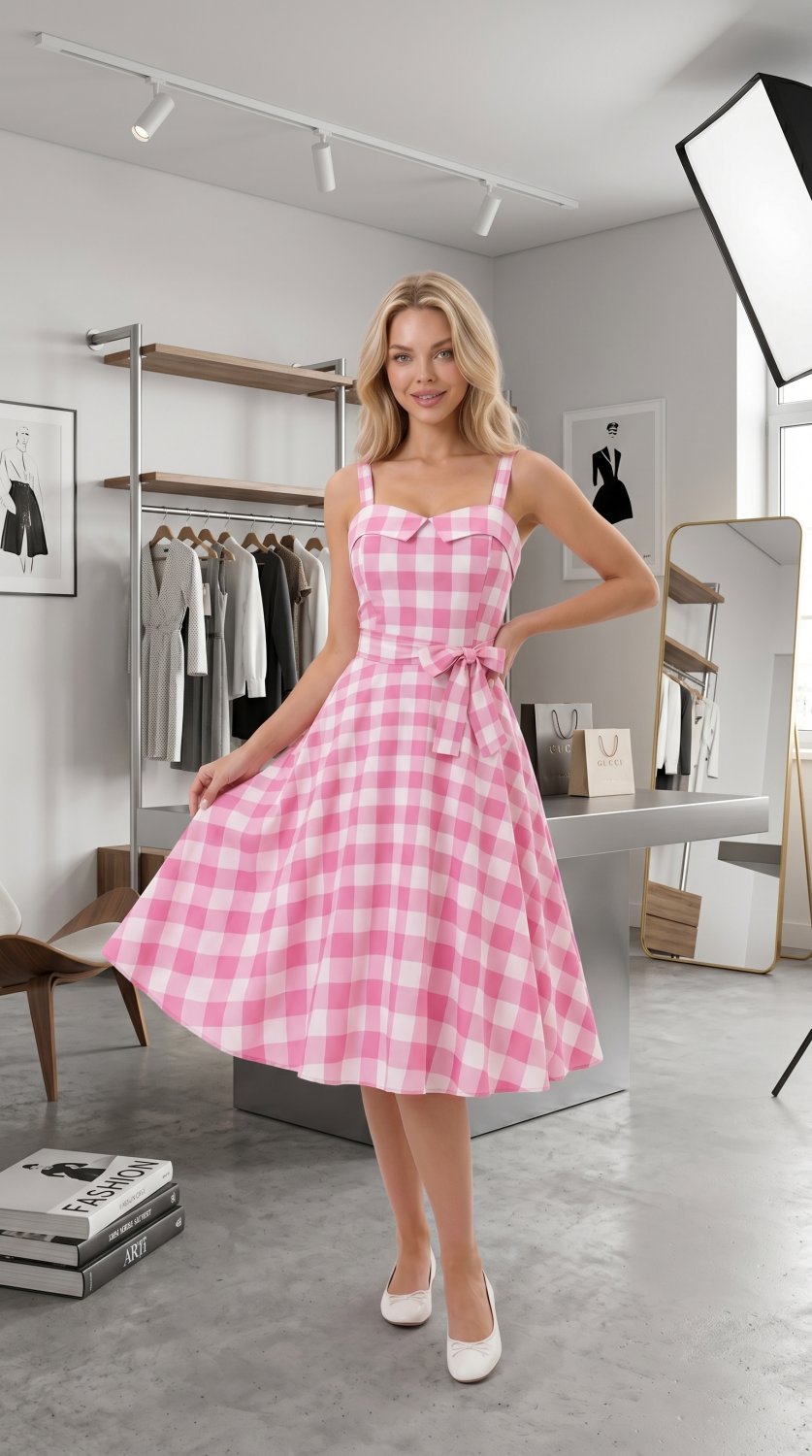 Bezauberndes vintage-inspiriertes Kleid mit Spaghetti-Trägern, einem klassischen rosa Karomuster und