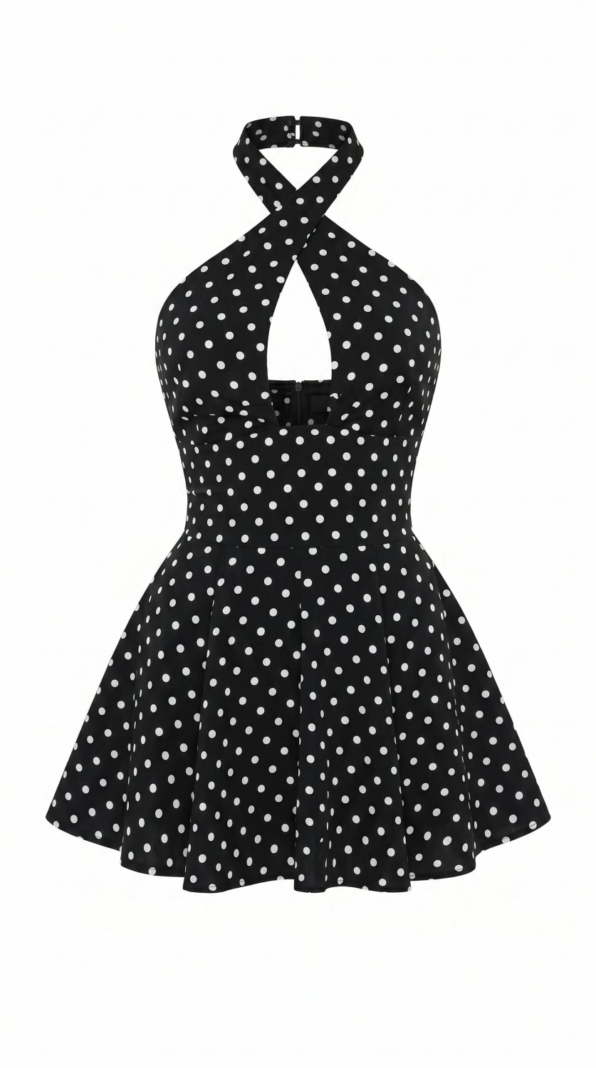 Stilvolles Minikleid mit klassischem Polka-Dot-Print, Neckholder-Ausschnitt, rückenfreiem Design, är
