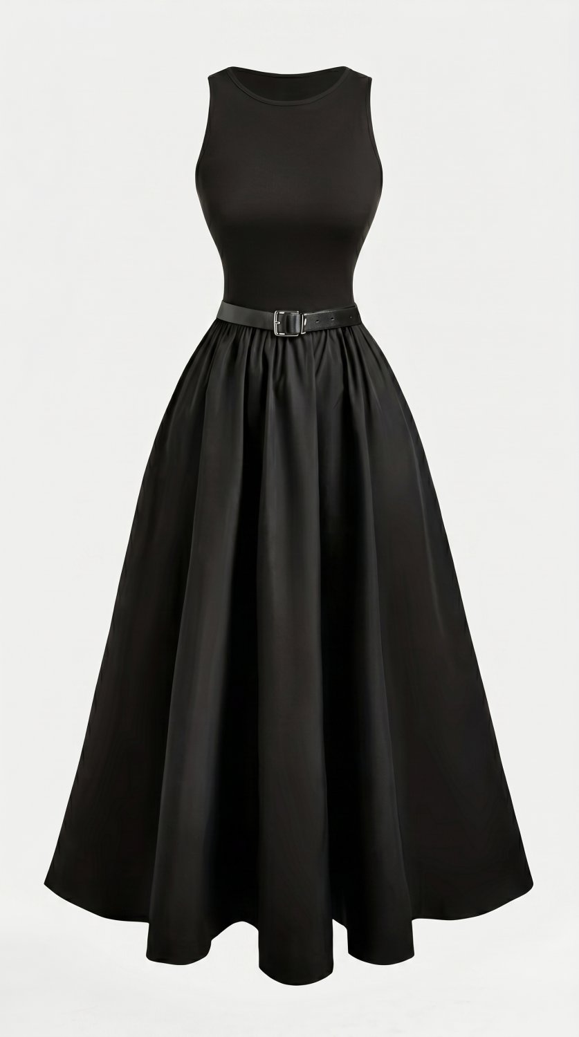 Sophisticated solid-color dress featuring a slim-fit silhouette, sleeveless design, and graceful puf
