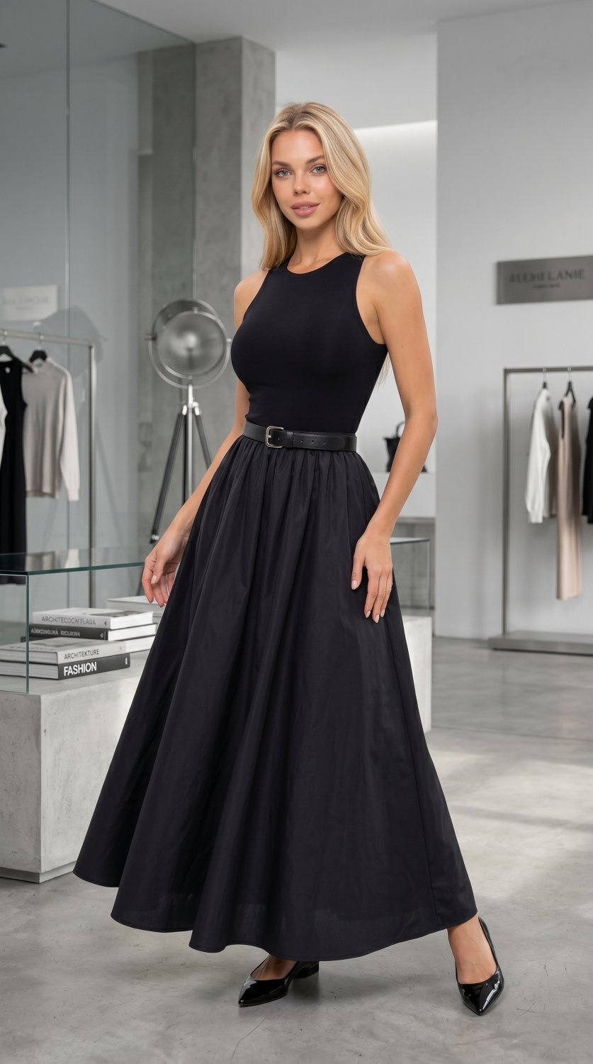 Sophisticated solid-color dress featuring a slim-fit silhouette, sleeveless design, and graceful puf