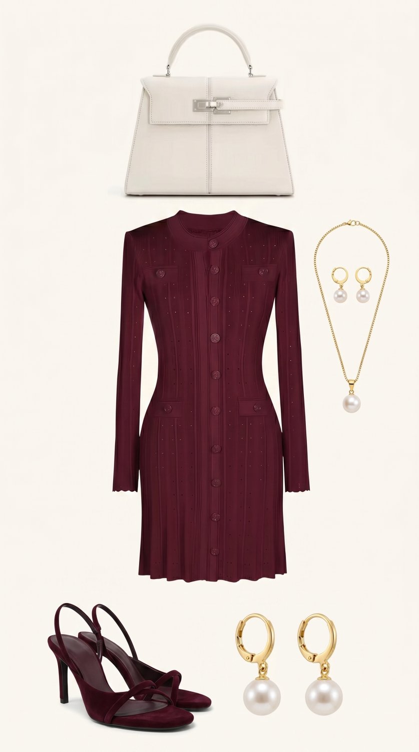 Um look sofisticado de moda apresentando um vestido midi tricotado bordô com frente de botões combin