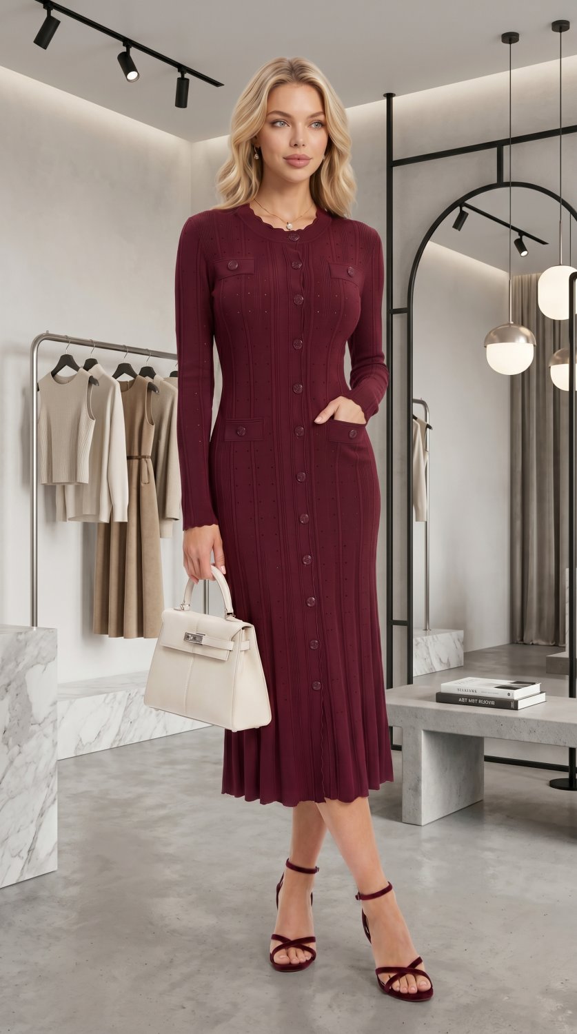 Um look sofisticado de moda apresentando um vestido midi tricotado bordô com frente de botões combin