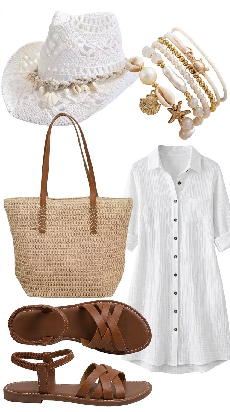 Une tenue décontractée mais sophistiquée prête pour la plage, comprenant une robe chemise blanche à 