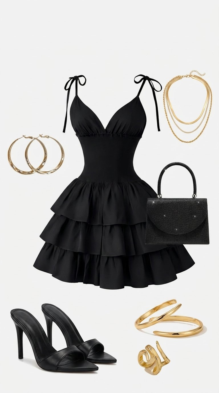 Oślepiający all-black look modowy zawierający warstwowaną sukienkę mini z falbankami, elegancką biżu