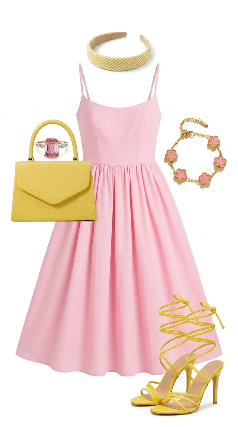 Um conjunto refinado e feminino que inclui um vestido midi plissado sem mangas, sandálias de tiras c
