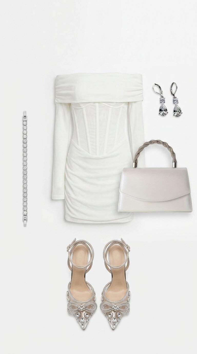 Ein kühnes und anspruchsvolles Outfit mit einem Off-Shoulder Bodycon-Mini-Kleid, Strass-Schleifen-St