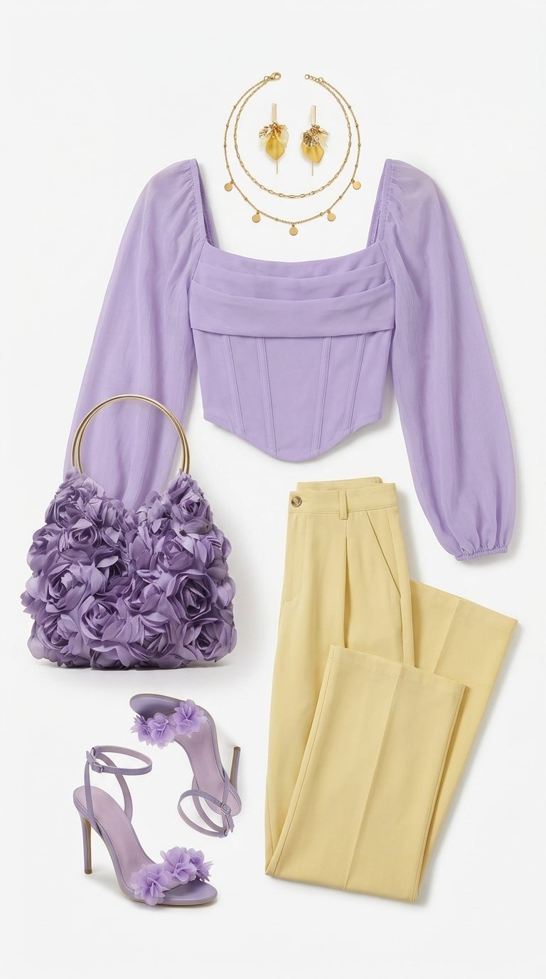 Podnieś swoją garderobę dzięki zestawowi Lavender Bloom Corset Blouse & Wide-Leg Trouser Set, wyrafi