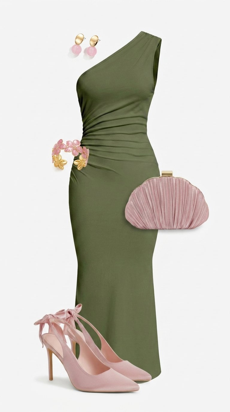 Faites une déclaration sophistiquée avec la Robe Maxi Olive Grace à Une Épaule Froncée, un design in