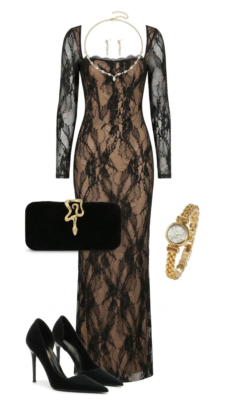 Command attention with the Midnight Lace Siren Maxi Dress, a captivating blend of elegance and allur