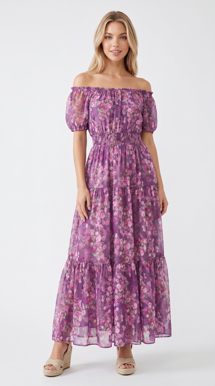 Damen Bohemian Floral Baumwoll-Leinen Maxikleid