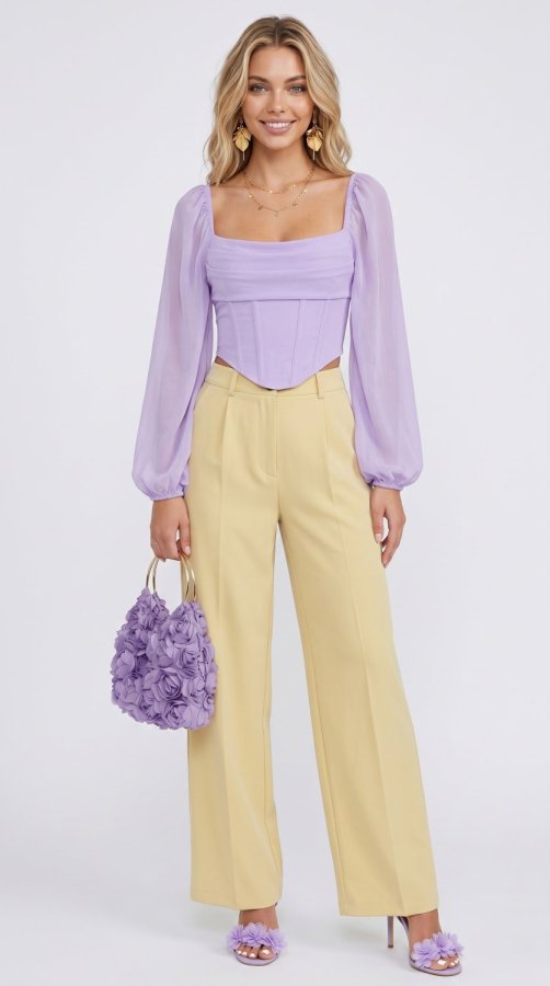 Lavender Bloom Corset Blouse & Wide-Leg Trouser Set