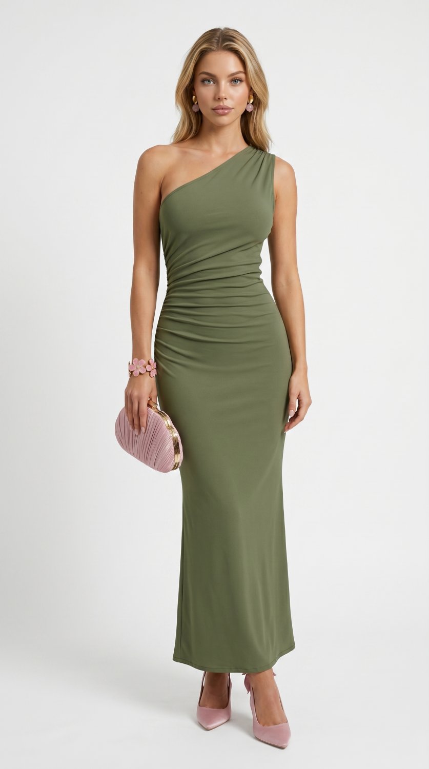 Olive Grace One-Shoulder Ruched Maxi Dress
