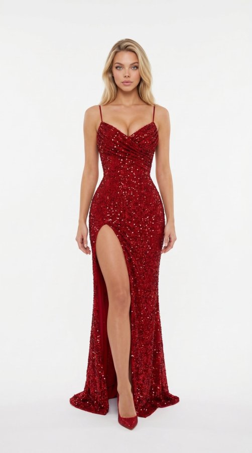 Robes de bal à bretelles spaghetti fente haute à sequins