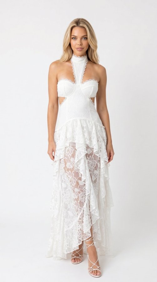 Vestido Blanco Sexy de Encaje Patchwork