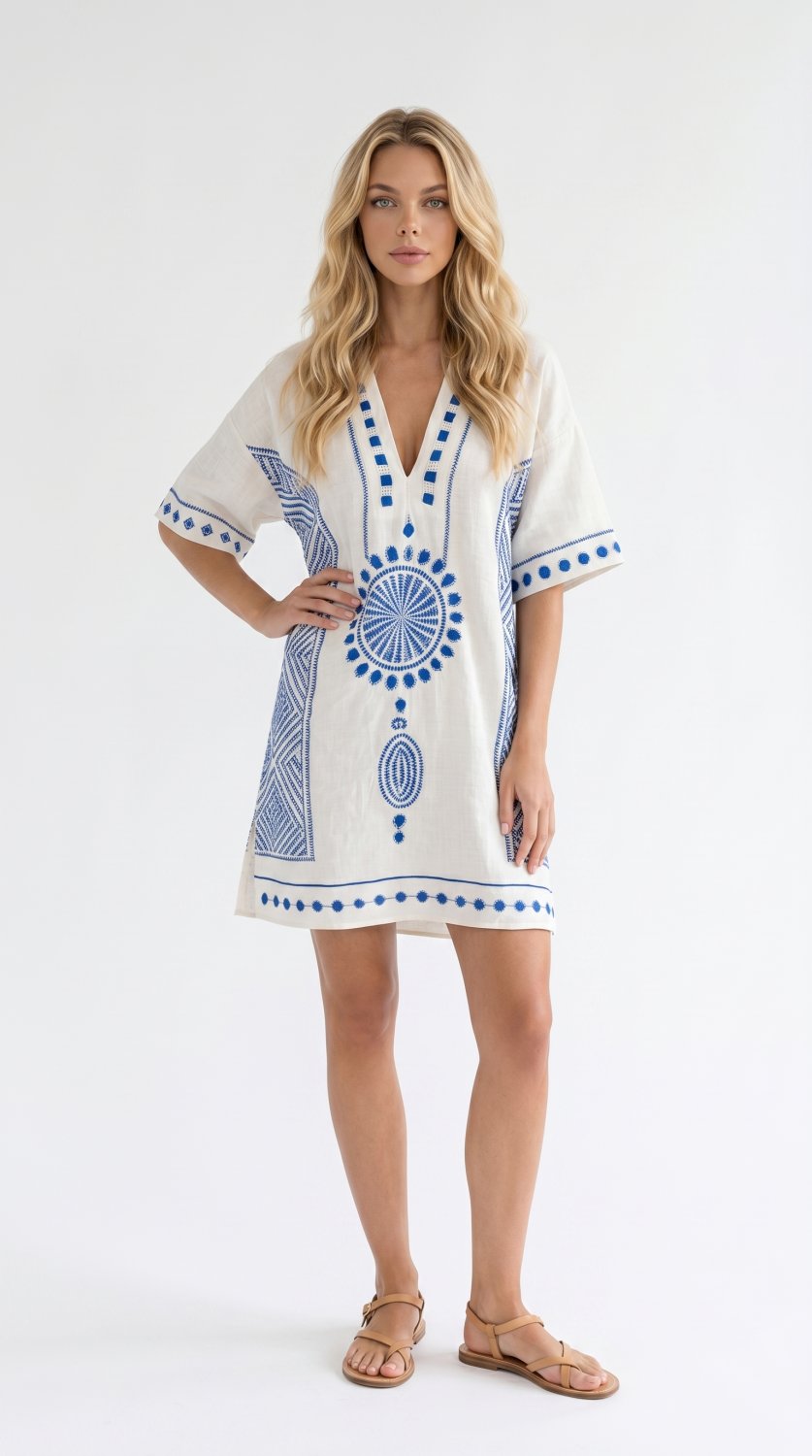 Vestido de Praia Solto Feminino com Decote em V para o Verão