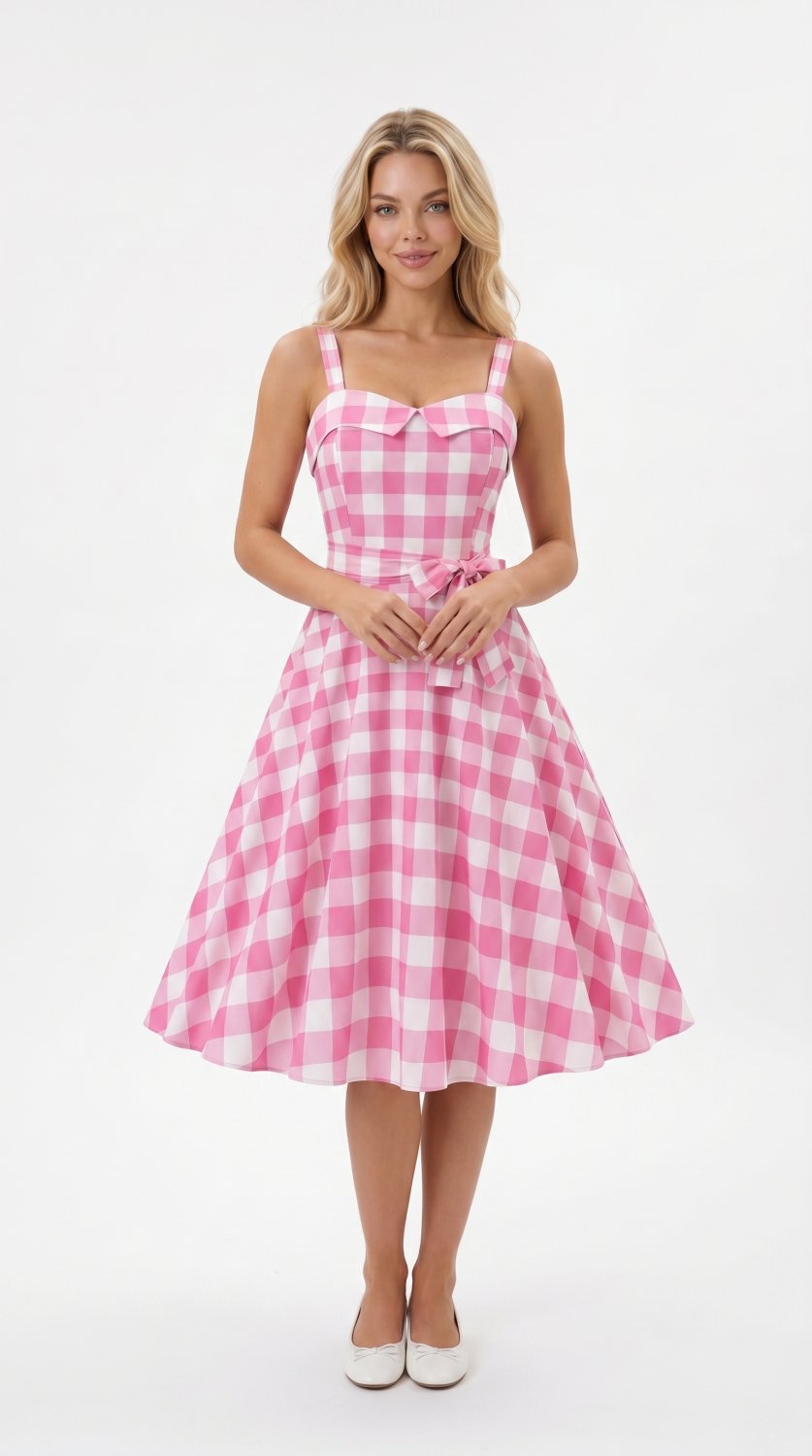 Vestido Swing Xadrez Rosa Feminino