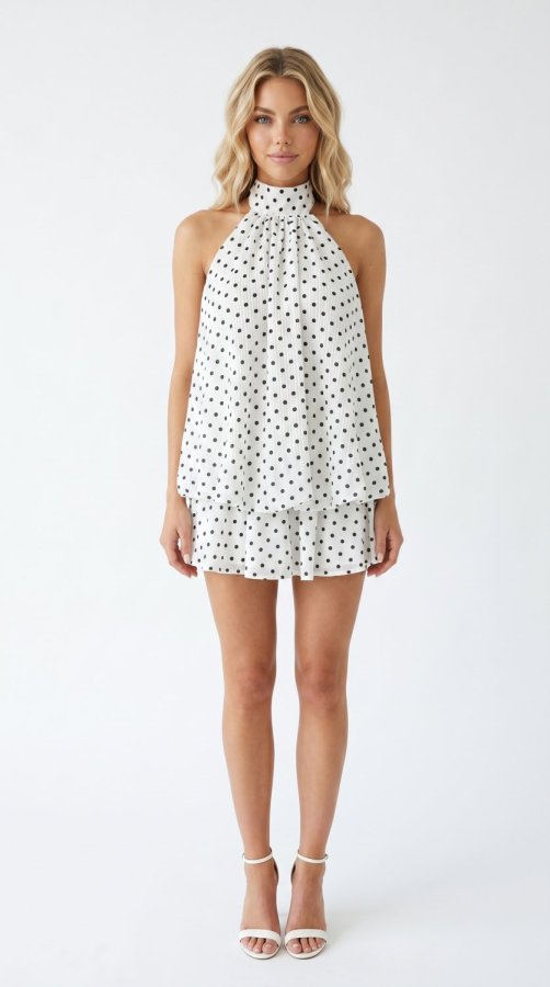 Women White Black Polka Dot Halter Mini Dress
